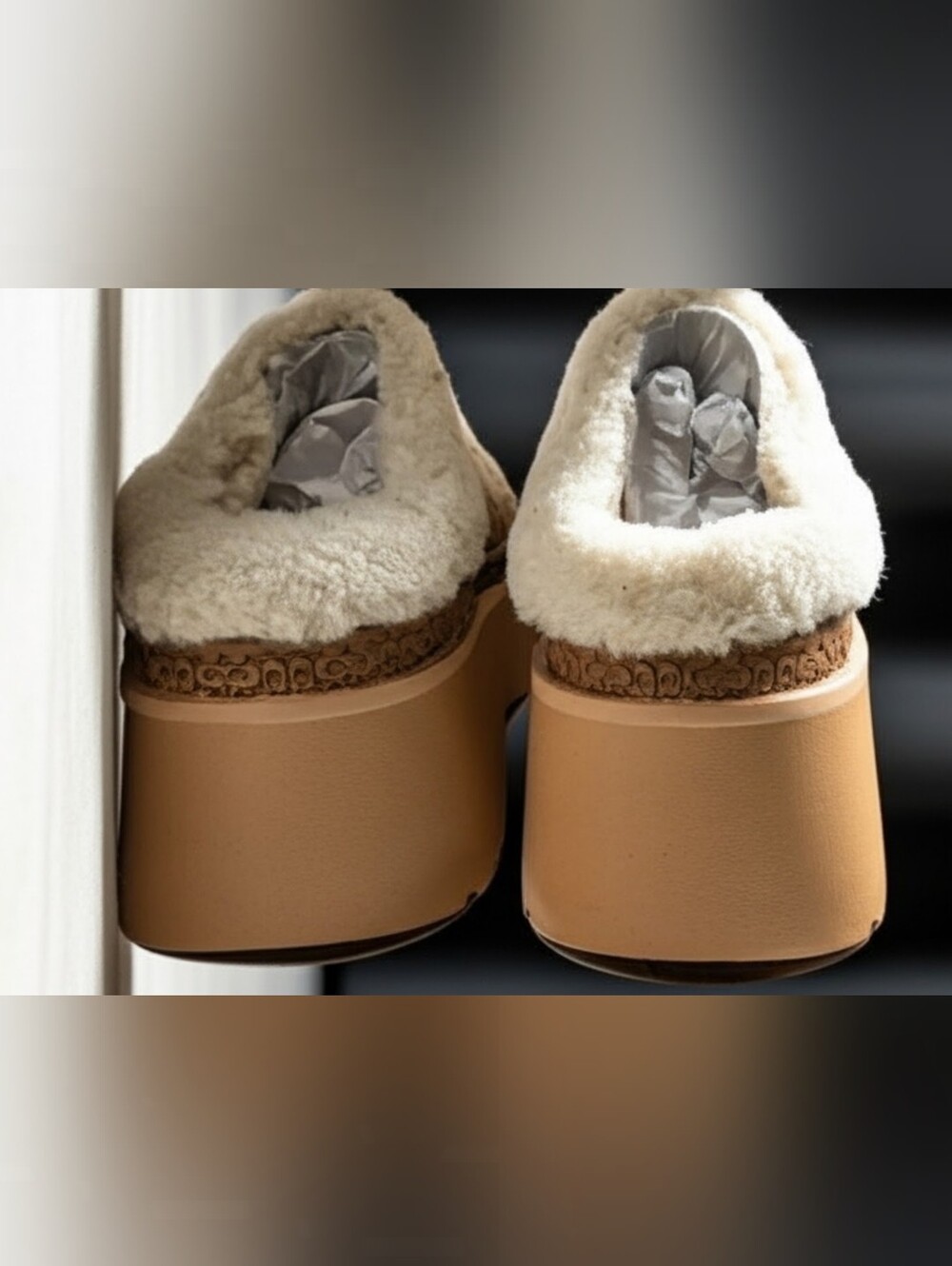 Coach Tan Suede Mule Clogs with Cream Shearling Trim